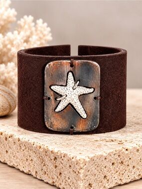 Handmade Bronze Tone Starfish Leather Cuff Bracelet